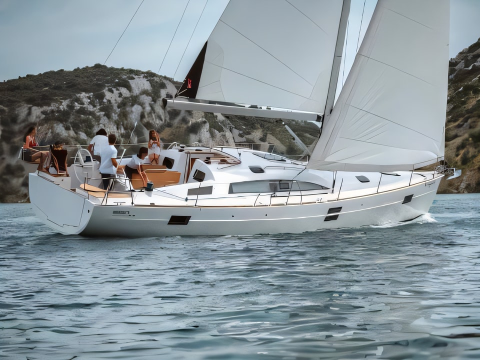 Exterior overview of Elan Impression 45.1 sail boat for charter from Primosten Marina Kremik in the Sibenik sailing area Croatia