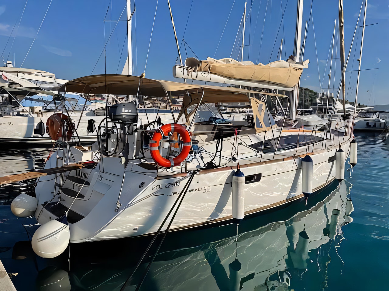 Exterior overview of Jeanneau 53 sail boat for charter from Rogoznica Marina Frapa in the Sibenik sailing area Croatia