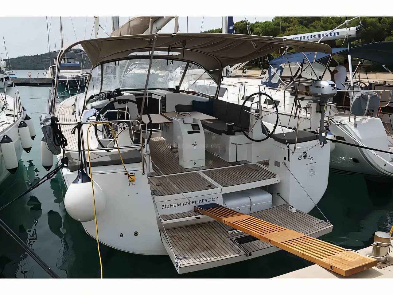 Exterior overview of Sun Odyssey 440 - 3 cabins sail boat for charter from Sukosan Marina Dalmacija in the Kornati sailing area Croatia
