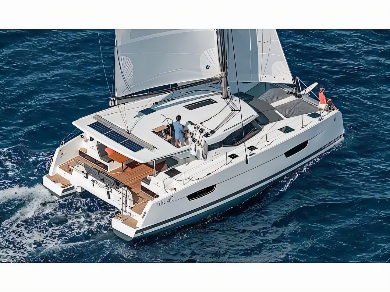 Exterior overview of Isla 40 catamaran for charter from Rogoznica Marina Frapa in the Sibenik sailing area Croatia