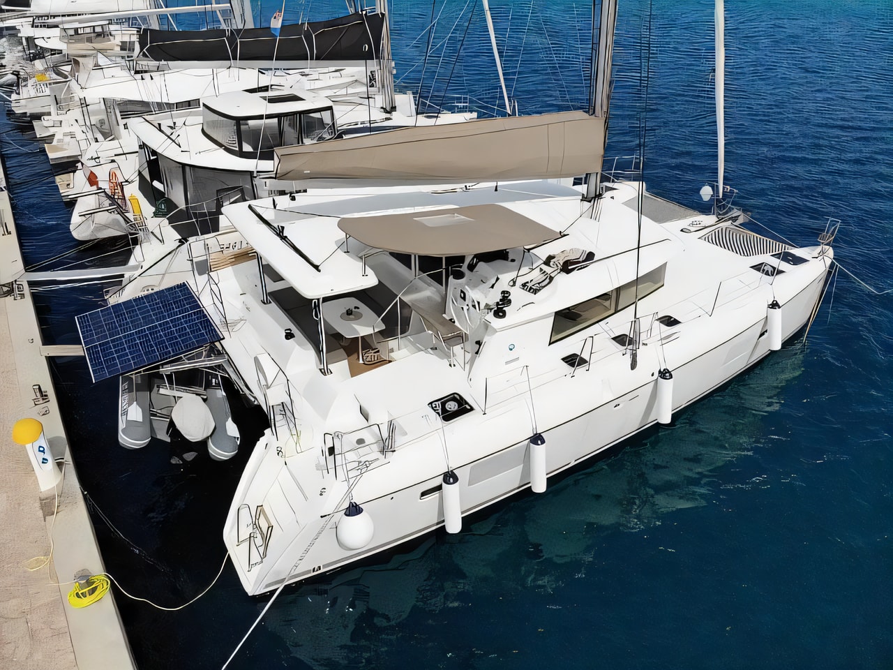 Exterior overview of Lagoon 421 catamaran for charter from Rogoznica Marina Frapa in the Sibenik sailing area Croatia