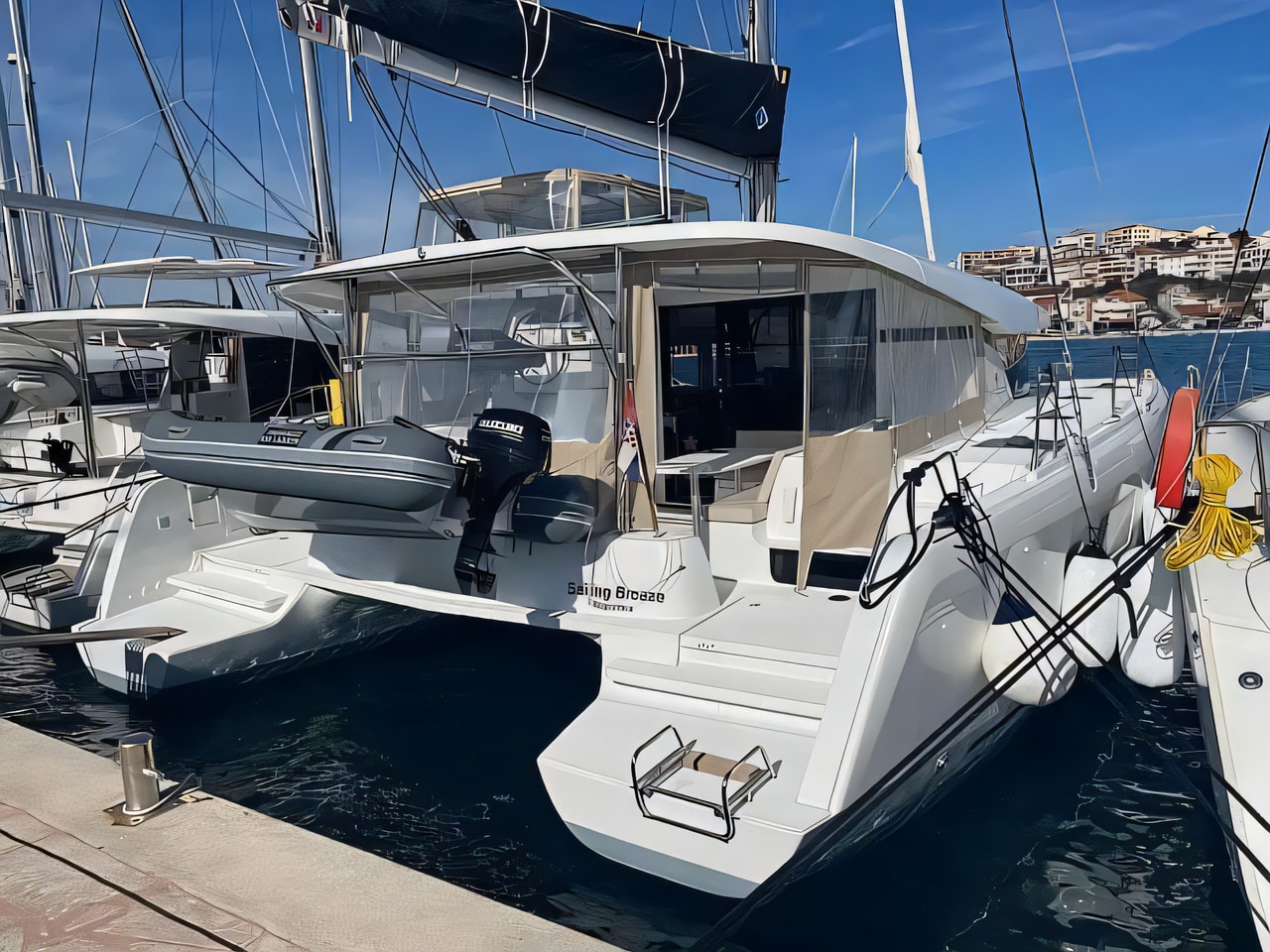 Exterior overview of Lagoon 42 Owner's Version catamaran for charter from Rogoznica Marina Frapa in the Sibenik sailing area Croatia
