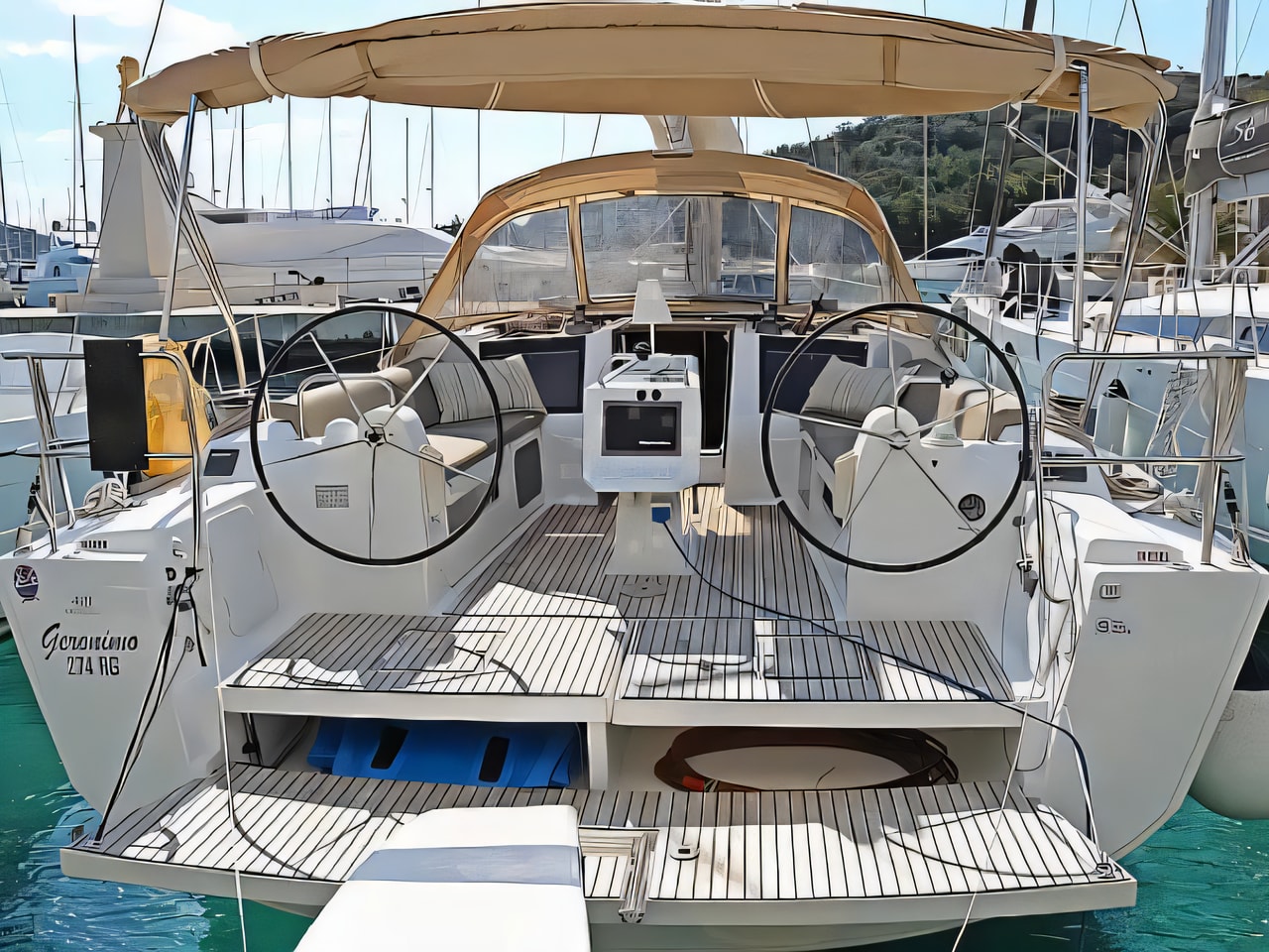 Exterior overview of Dufour 410 Grand Large sail boat for charter from Rogoznica Marina Frapa in the Sibenik sailing area Croatia