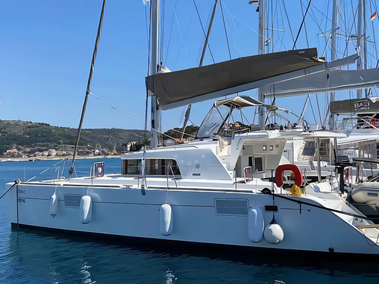 Exterior overview of Lagoon 440 catamaran for charter from Rogoznica Marina Frapa in the Split sailing area Croatia