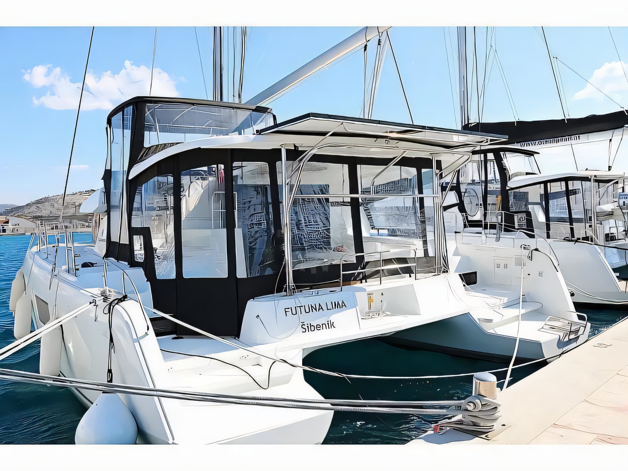Exterior overview of Lagoon 42 catamaran for charter from Rogoznica Marina Frapa in the Sibenik sailing area Croatia