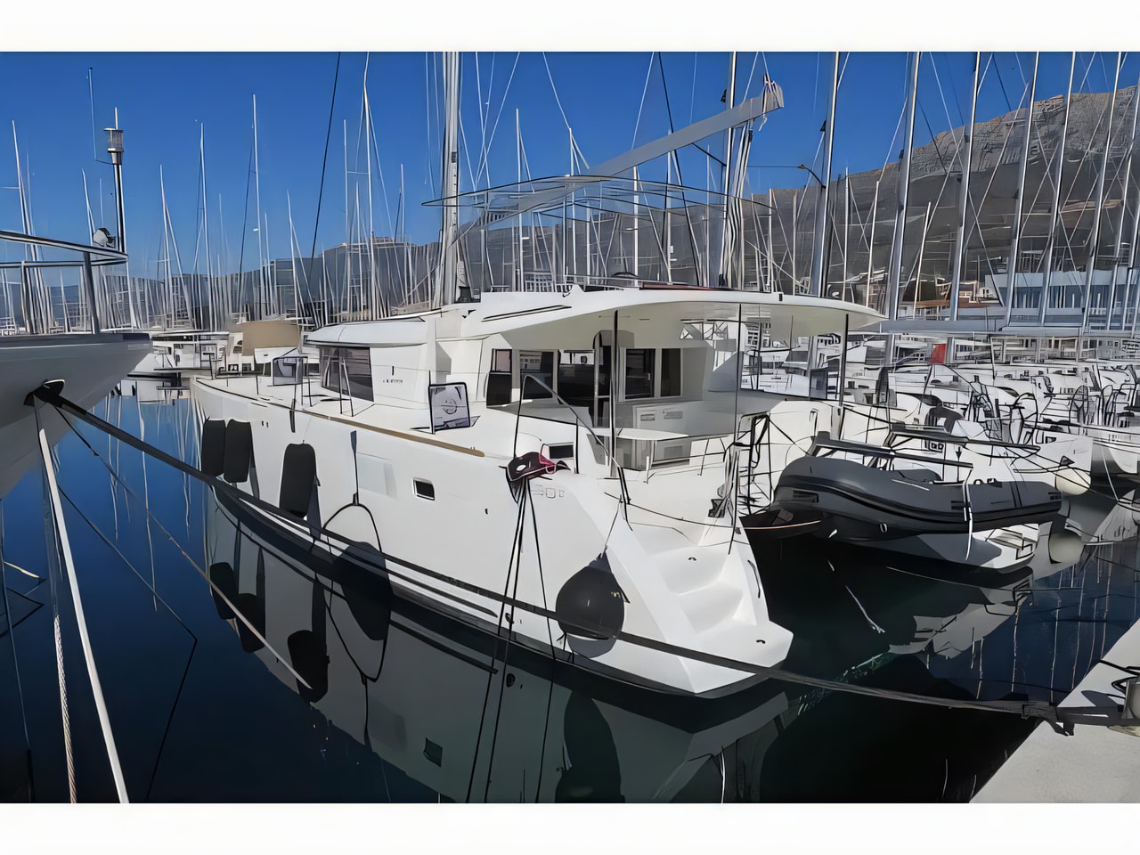 Exterior overview of Lagoon 450 Fly catamaran for charter from Sukosan Marina Dalmacija in the Kornati sailing area Croatia