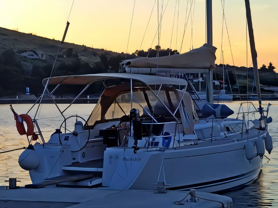 Exterior overview of Dufour 375 GL sail boat for charter from Sukosan Marina Dalmacija in the Kornati sailing area Croatia