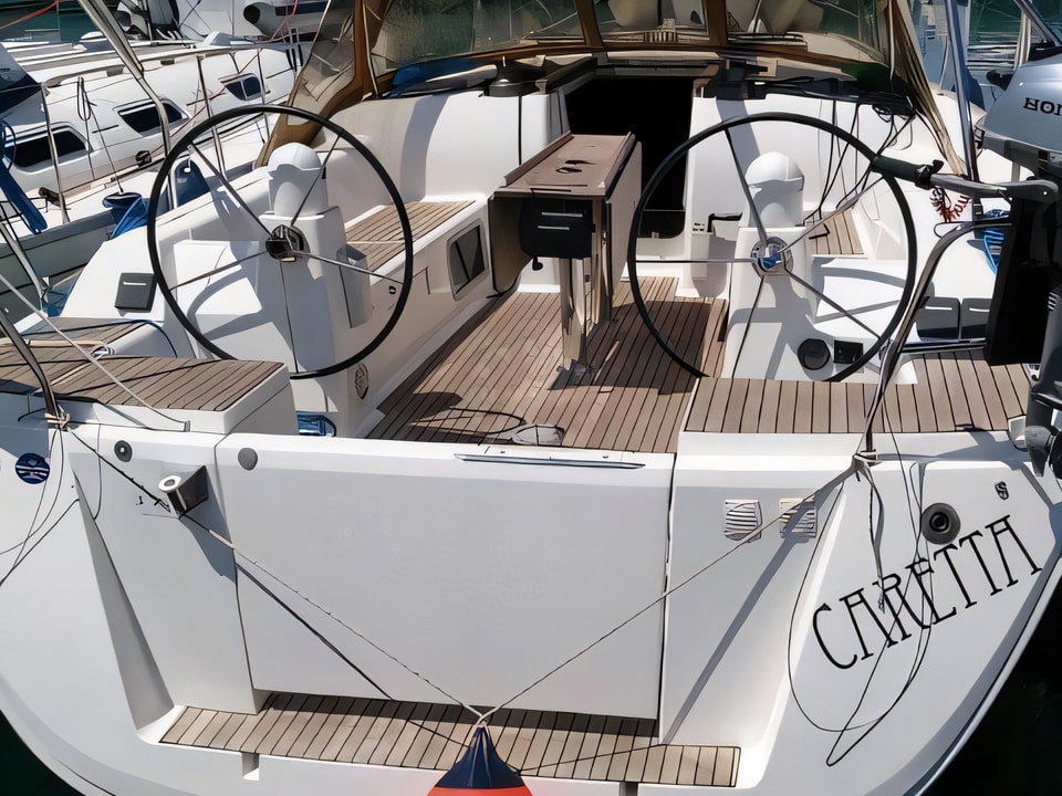 Exterior overview of Dufour 375 sail boat for charter from Pula Tehnomont Marina Veruda in the Istria / Kvarner sailing area Croatia