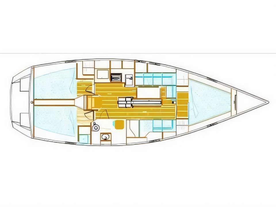 Layout of Ovni 395 sail boat with 3 cabins Croatia yacht charter