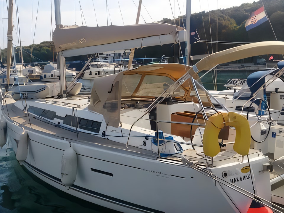 Exterior overview of Dufour 405 BM sail boat for charter from Pula Tehnomont Marina Veruda in the Istria / Kvarner sailing area Croatia