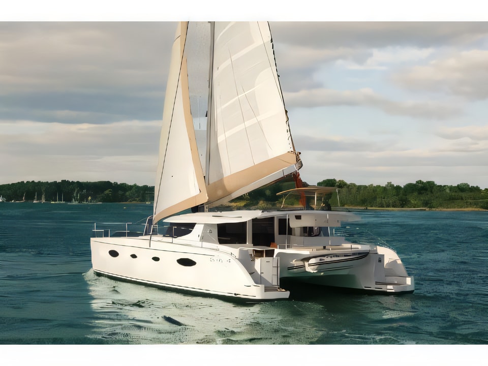 Exterior overview of Salina 48 catamaran for charter from Kastela Gomilica Marina in the Sibenik sailing area Croatia