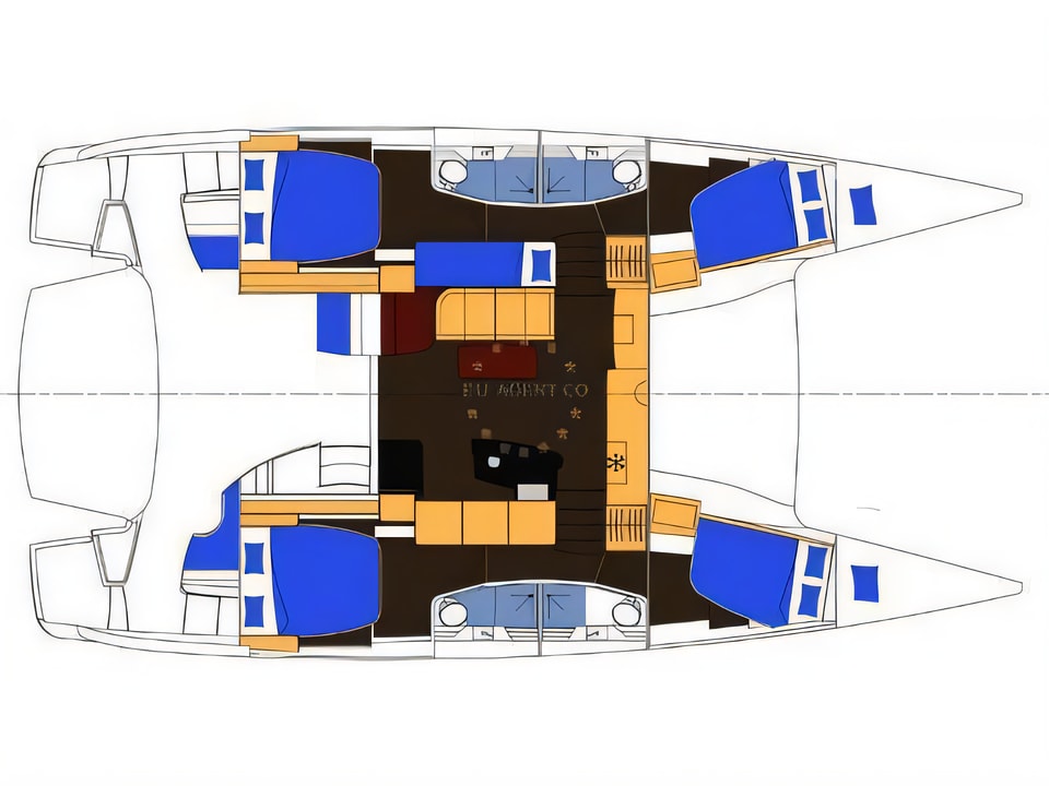 Layout of Salina 48 catamaran with 6 cabins Croatia yacht charter