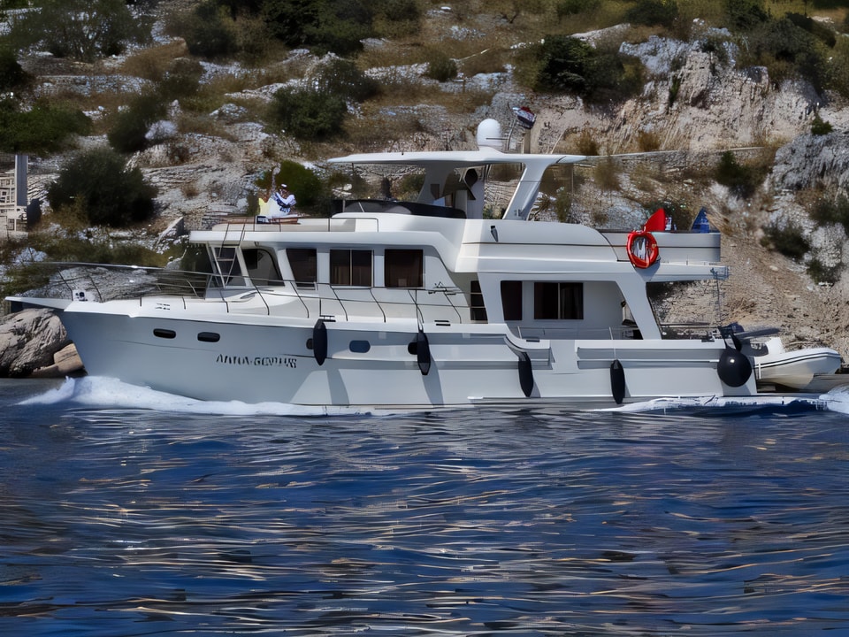 Exterior overview of Adagio Europa 51.5 motoryacht for charter from Primosten Marina Kremik in the Sibenik sailing area Croatia