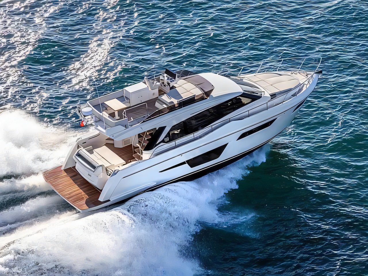 Exterior overview of Ferretti 500 motoryacht for charter from Podstrana Marina Lav in the Split sailing area Croatia