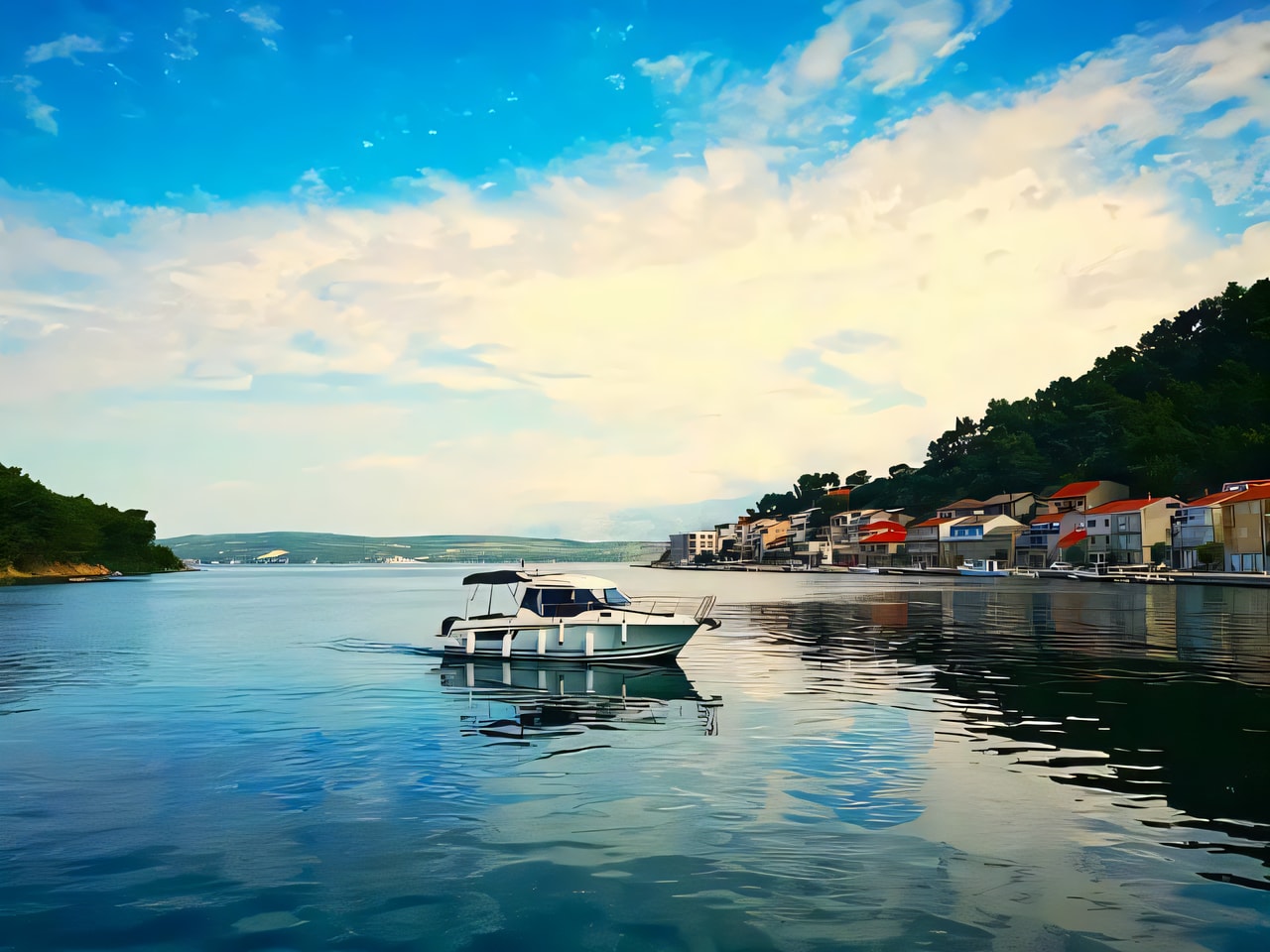 Exterior overview of Merry Fisher 795 motor boat for charter from Novigrad Dalmatia in the Zadar sailing area Croatia