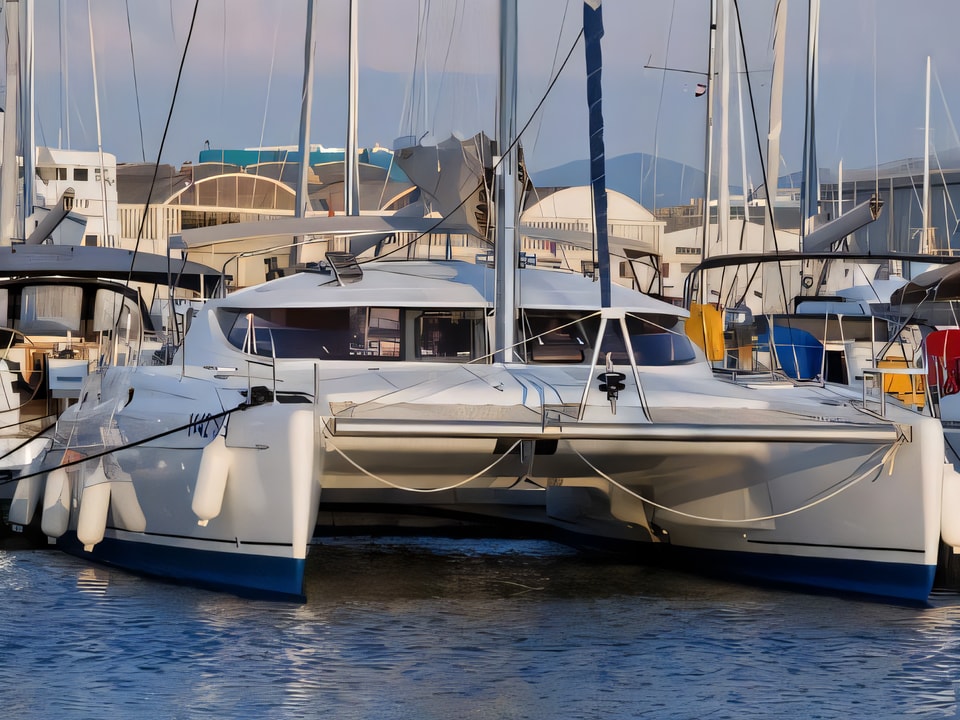 Exterior overview of Athena 38 (4+2 cab) catamaran for charter from Krk Marina Punat in the Istria / Kvarner sailing area Croatia