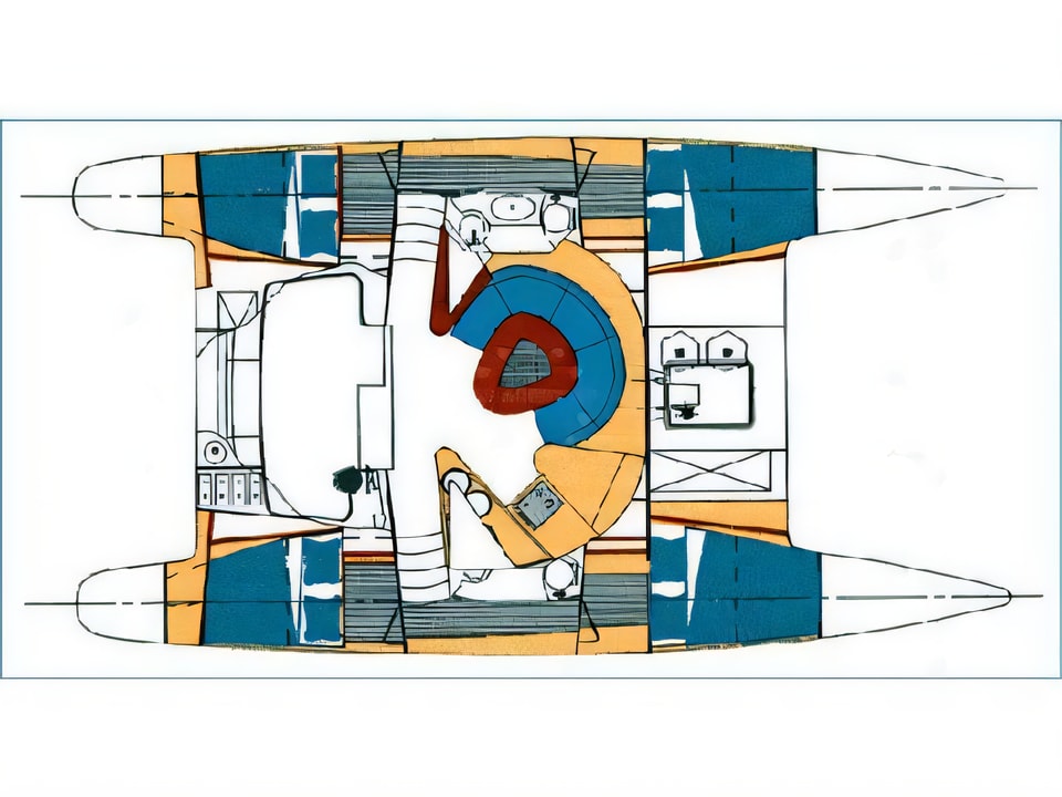 Layout of Athena 38 (4+2 cab) catamaran with 6 cabins Croatia yacht charter