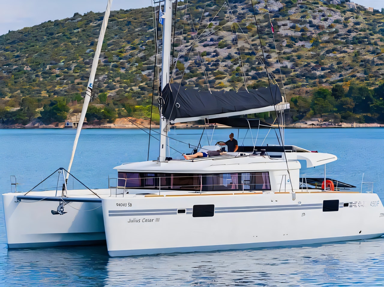 Exterior overview of Lagoon 450 Fly catamaran for charter from Rogoznica Marina Frapa in the Sibenik sailing area Croatia