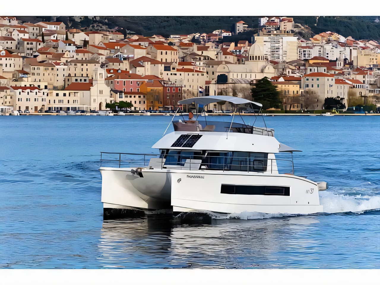 Exterior overview of Fountaine Pajot MY 37 power catamaran for charter from Rogoznica Marina Frapa in the Sibenik sailing area Croatia
