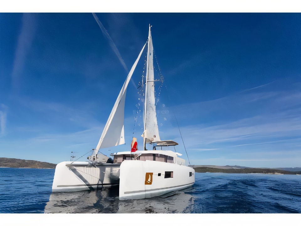 Exterior overview of Lagoon 42 catamaran for charter from SCT Marina Trogir in the Split sailing area Croatia
