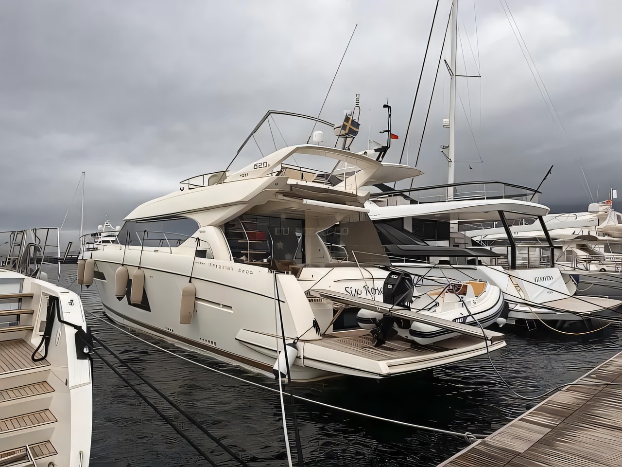 Exterior overview of Prestige 620 motoryacht for charter from Dubrovnik Marina Frapa in the Dubrovnik sailing area Croatia