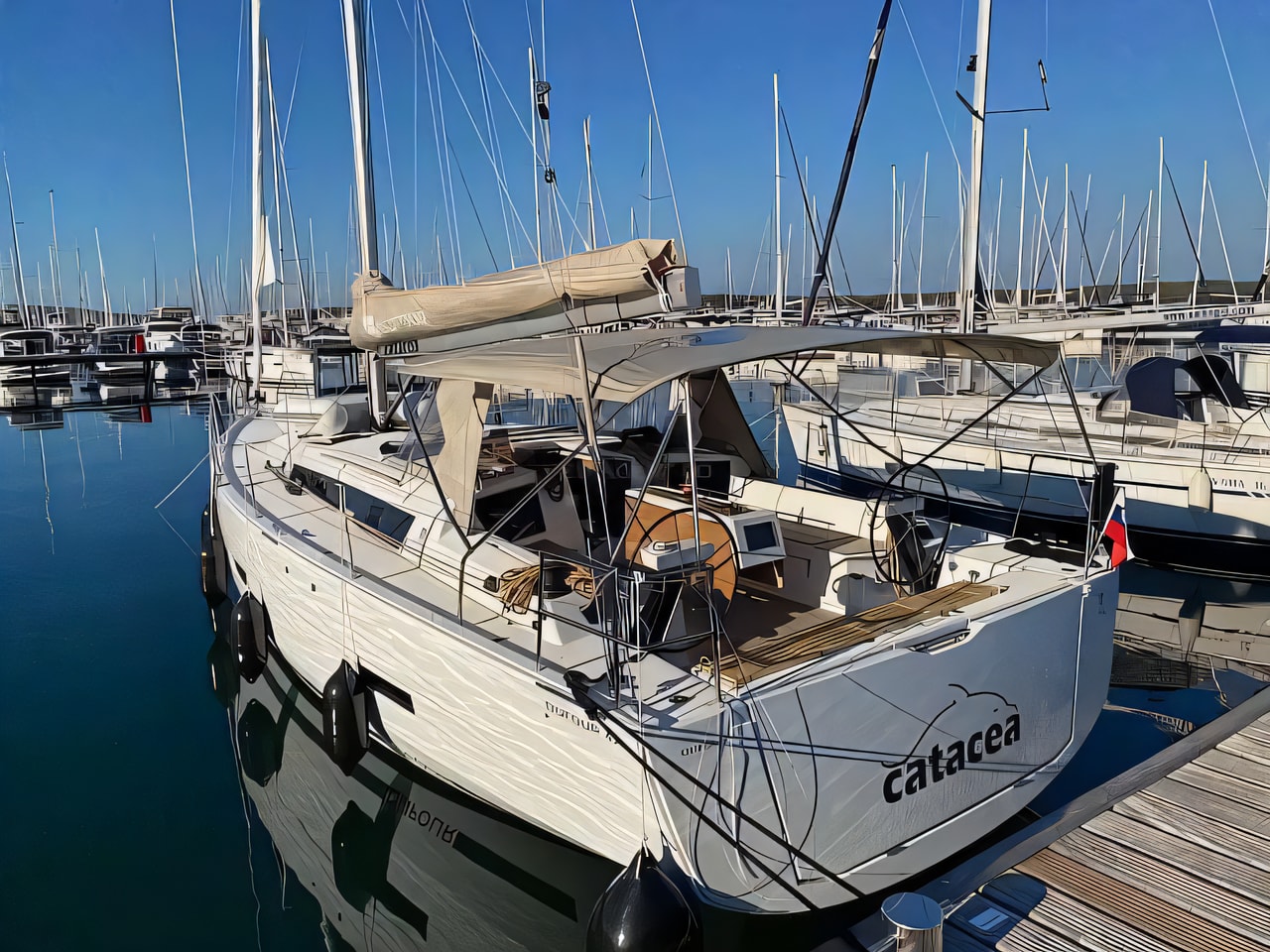 Exterior overview of Dufour 430 sail boat for charter from Primosten Marina Kremik in the Sibenik sailing area Croatia