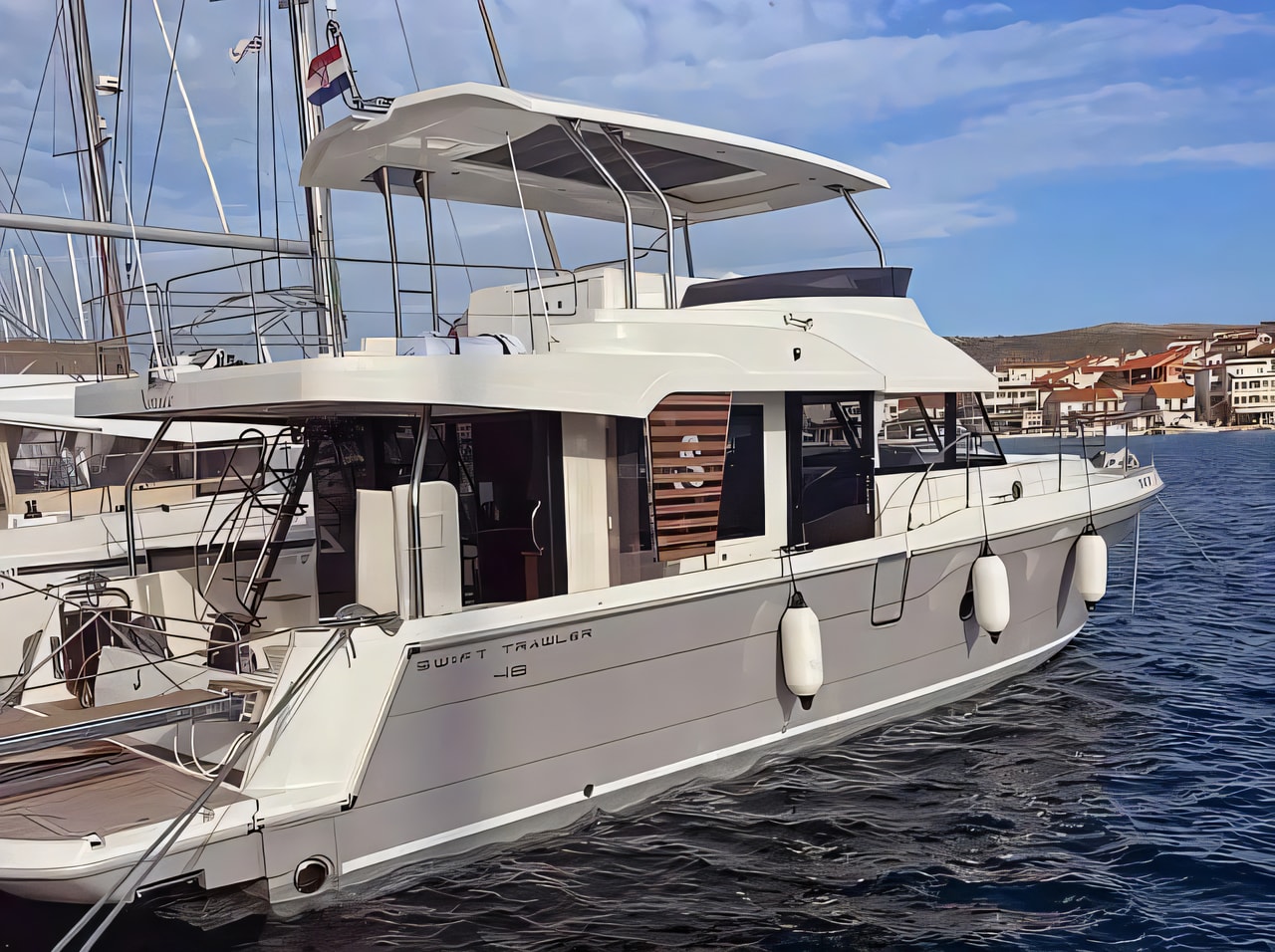 Exterior overview of Swift Trawler 48 motor boat for charter from Rogoznica Marina Frapa in the Sibenik sailing area Croatia