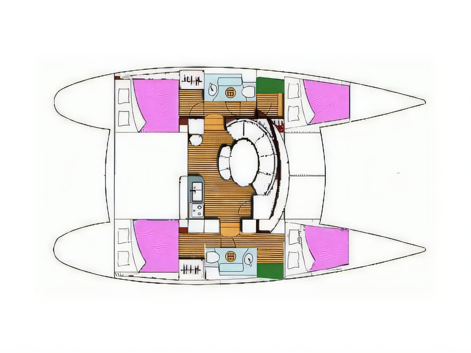 Layout of Lagoon 380 catamaran with 4 cabins Croatia yacht charter