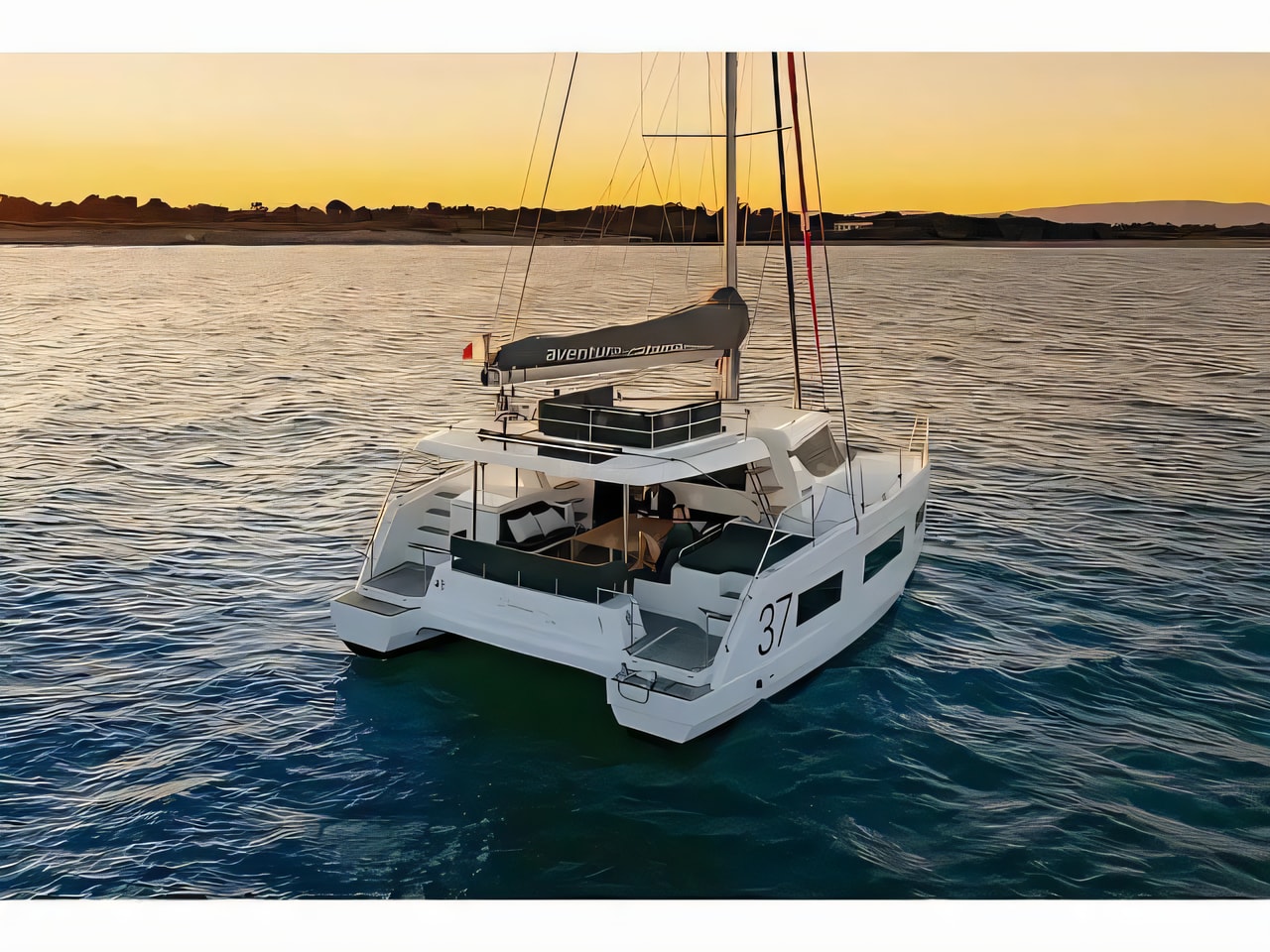 Exterior overview of Aventura 37 catamaran for charter from Vinodolski Novi Marina in the Istria / Kvarner sailing area Croatia