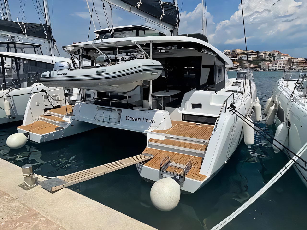 Exterior overview of Lagoon 42 catamaran for charter from Rogoznica Marina Frapa in the Sibenik sailing area Croatia