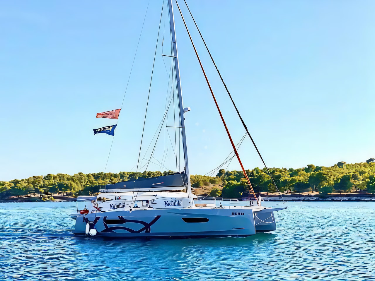 Exterior overview of Excess 14 catamaran for charter from Sibenik Marina Mandalina in the Sibenik sailing area Croatia