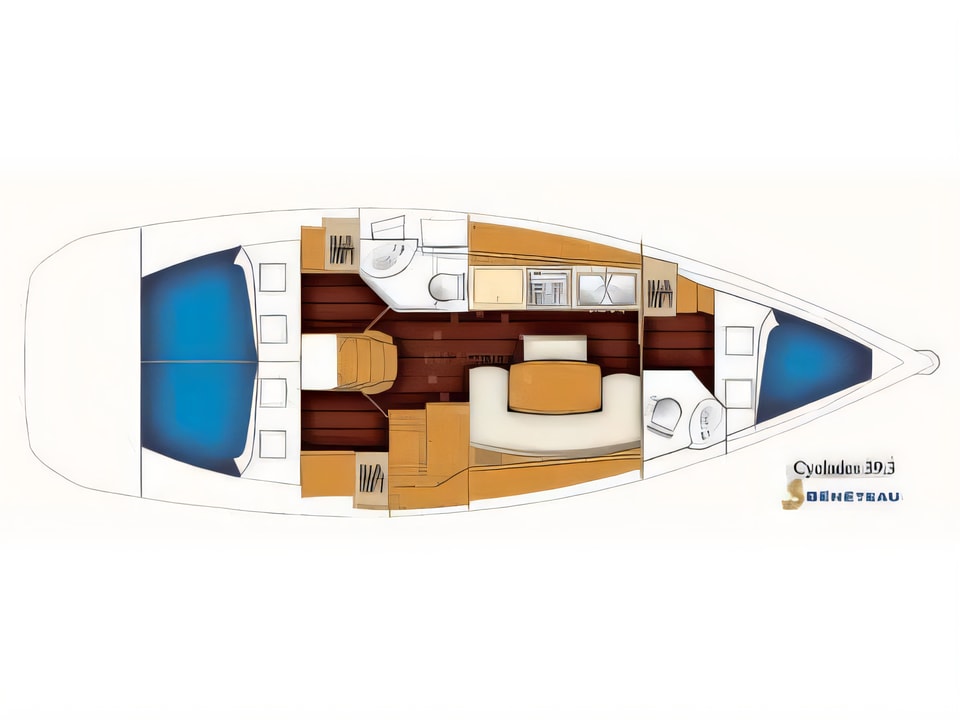 Layout of Beneteau Cyclades 39.3 sail boat with 3 cabins Croatia yacht charter