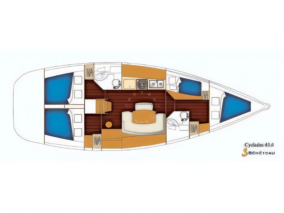 Layout of Beneteau Cyclades 43.4 sail boat with 4 cabins Croatia yacht charter
