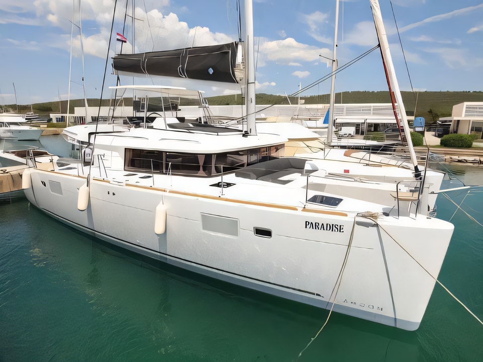 Exterior overview of Lagoon 450 F catamaran for charter from Sukosan Marina Dalmacija in the Zadar sailing area Croatia