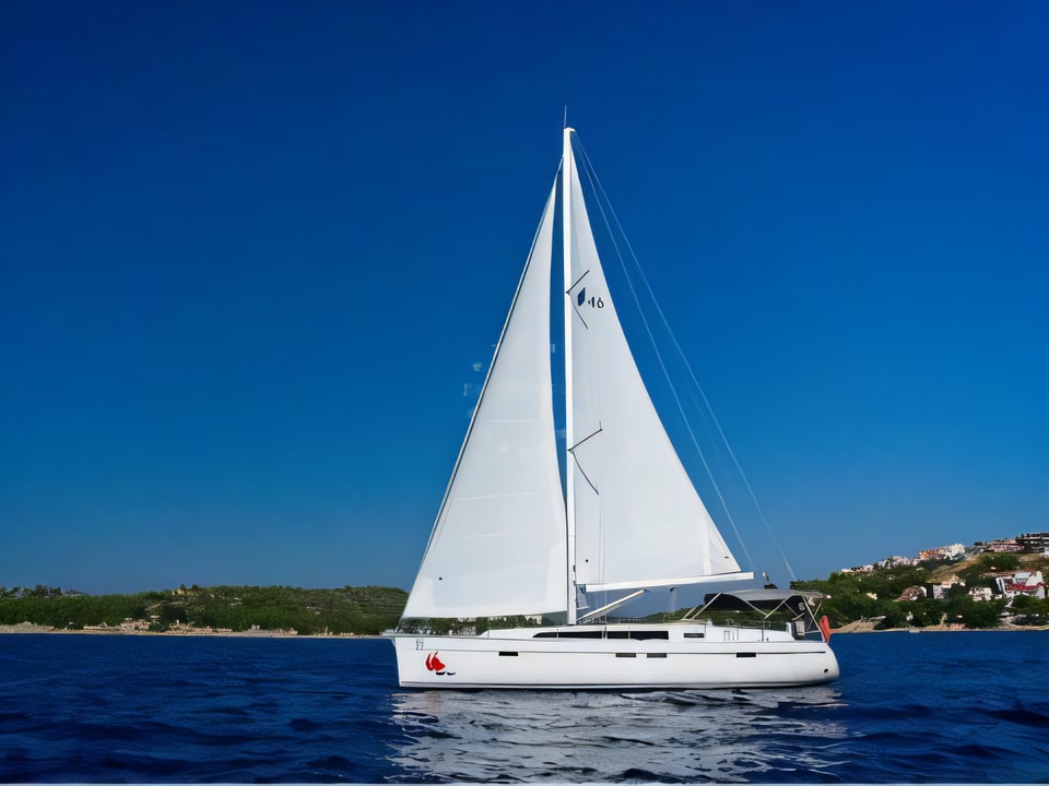 Exterior overview of Bavaria 46 CN sail boat for charter from Murter Marina Hramina in the Sibenik sailing area Croatia