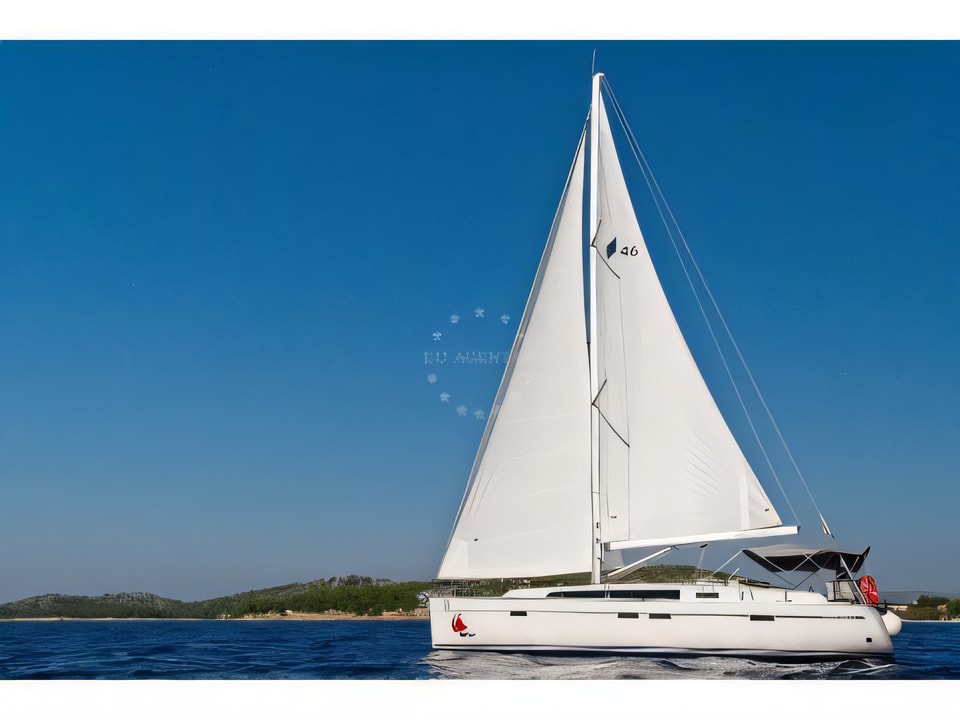 Exterior overview of Bavaria 46 CN sail boat for charter from Murter Marina Hramina in the Sibenik sailing area Croatia