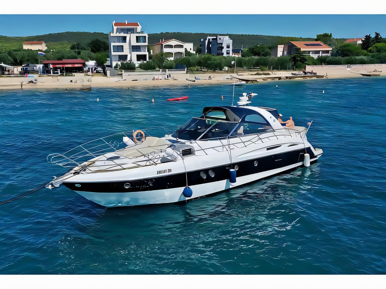 Exterior overview of Cranchi Mediterranee 47 motoryacht for charter from Sukosan Marina Dalmacija in the Zadar sailing area Croatia