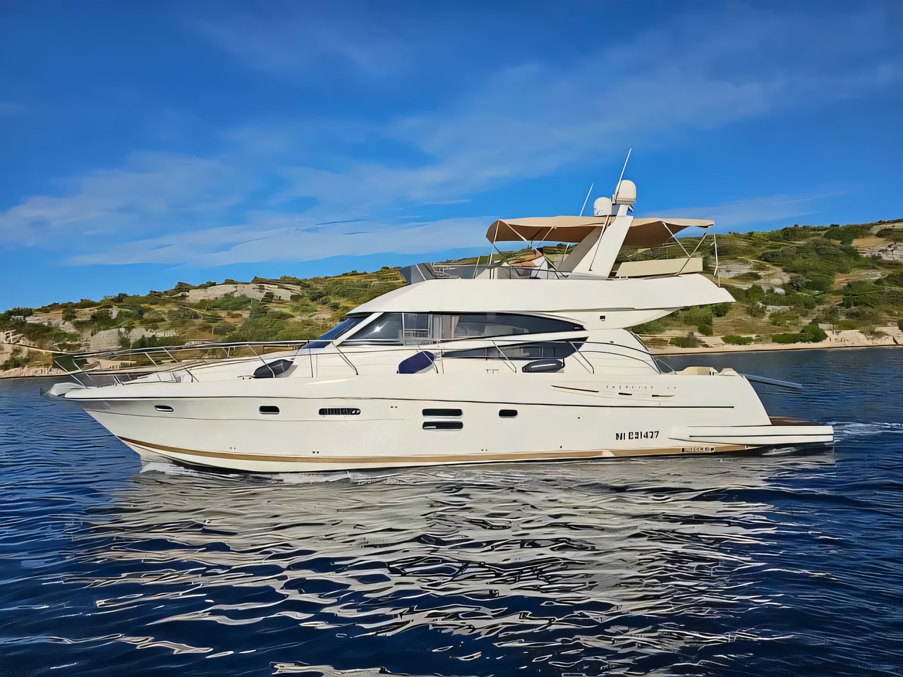 Exterior overview of Prestige 50 Fly motoryacht for charter from Primosten Marina Kremik in the Sibenik sailing area Croatia