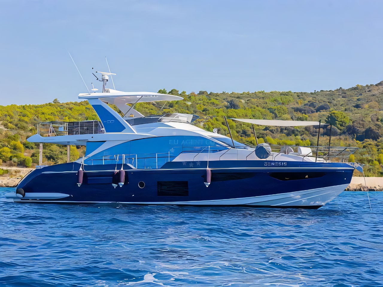 Exterior overview of Azimut 60 motoryacht for charter from Primosten Marina Kremik in the Sibenik sailing area Croatia