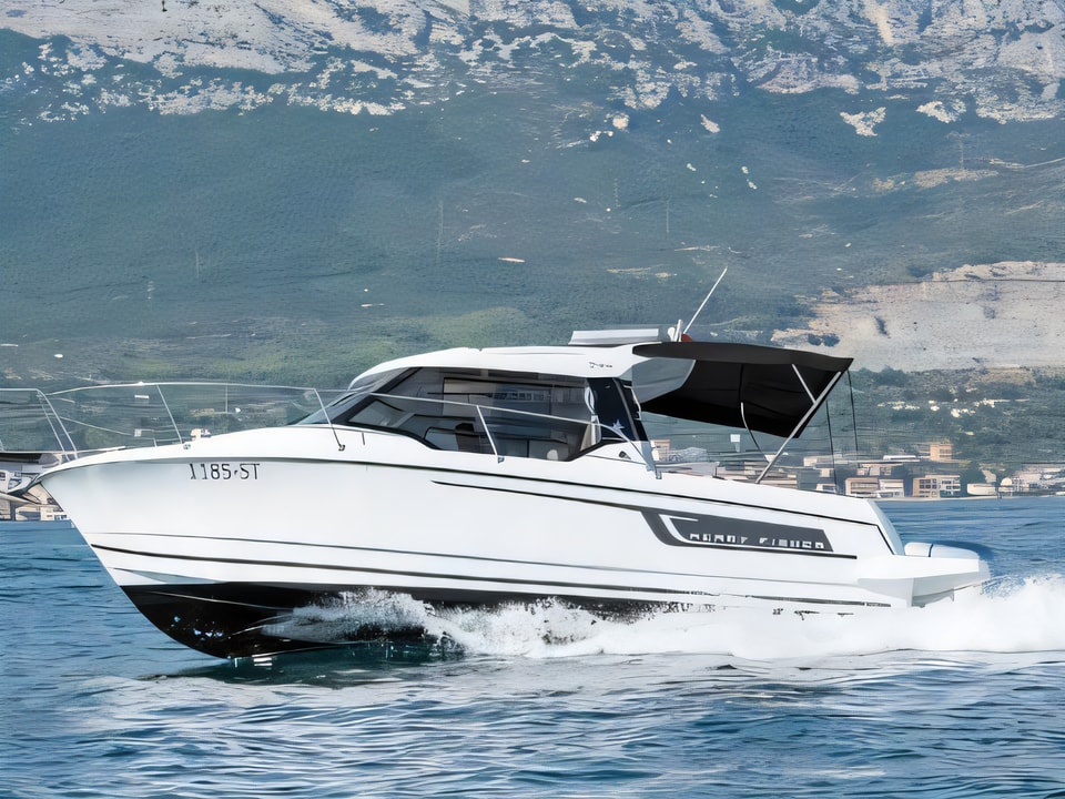 Exterior overview of Jeanneau Merry Fisher 795 motor boat for charter from Kastela Gomilica Marina in the Sibenik sailing area Croatia