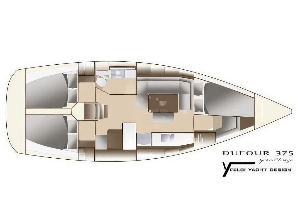 Layout of Dufour 375 GL sail boat with 3 cabins Croatia yacht charter