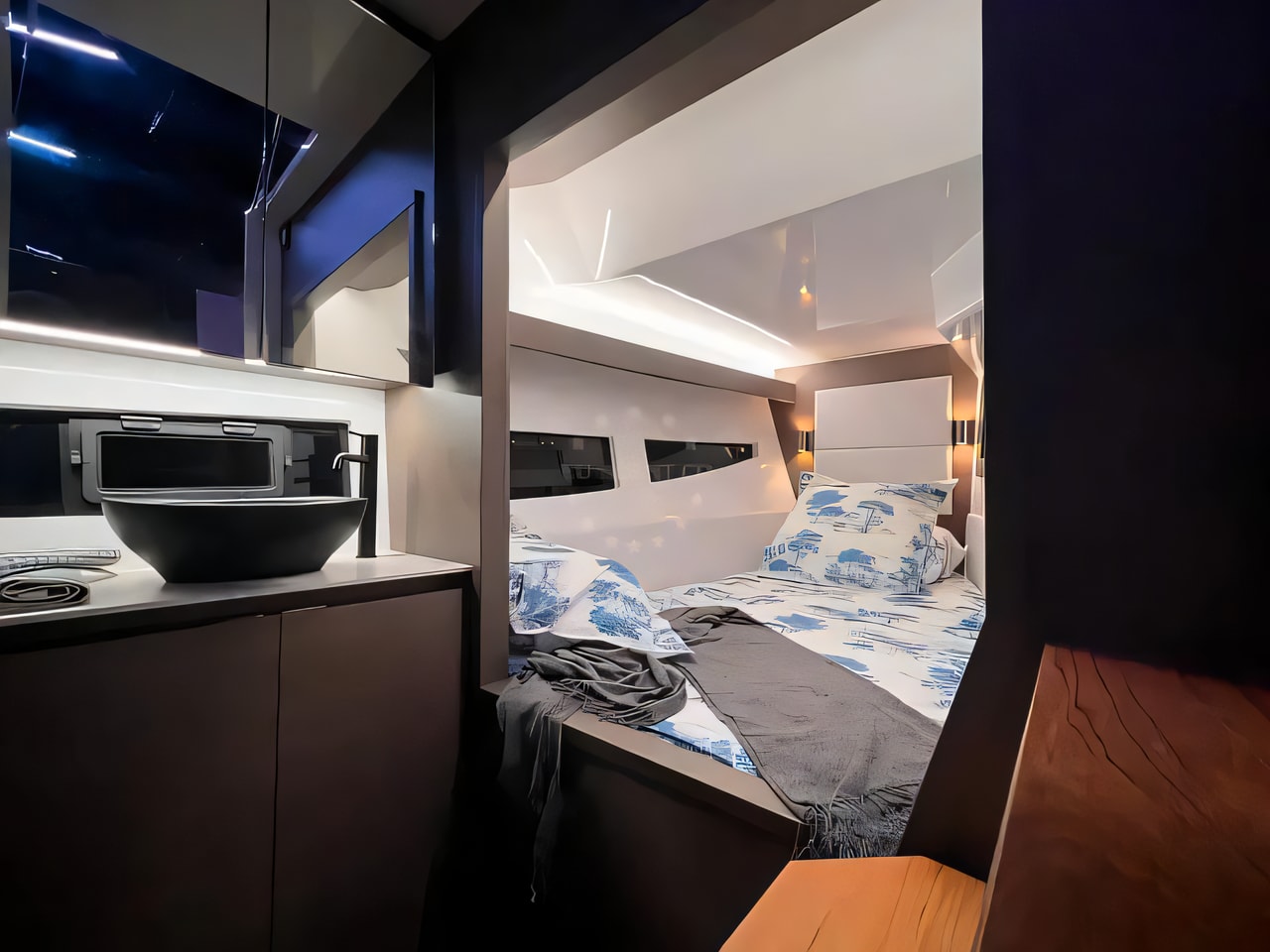 Layout of Tesoro T 38 power catamaran with 2 cabins Croatia yacht charter
