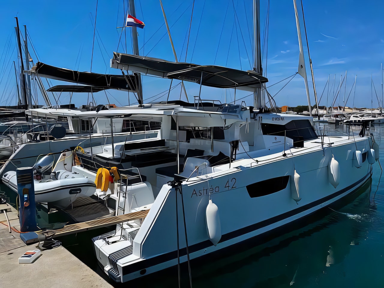 Exterior overview of Astrea 42 catamaran for charter from Sukosan Marina Dalmacija in the Zadar sailing area Croatia