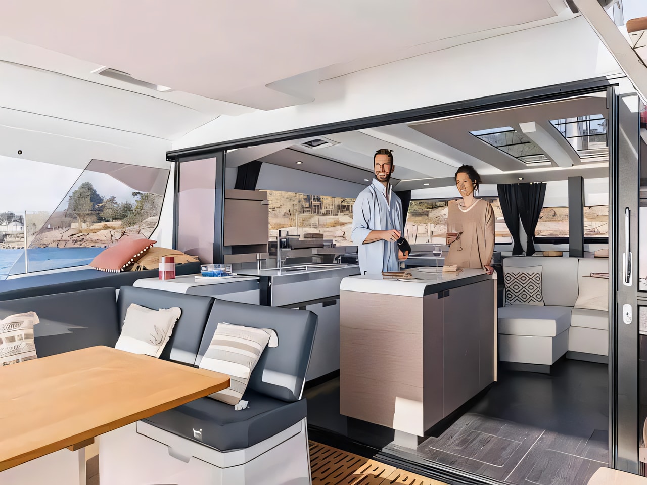Layout of Aura 51 catamaran with 5 cabins Croatia yacht charter