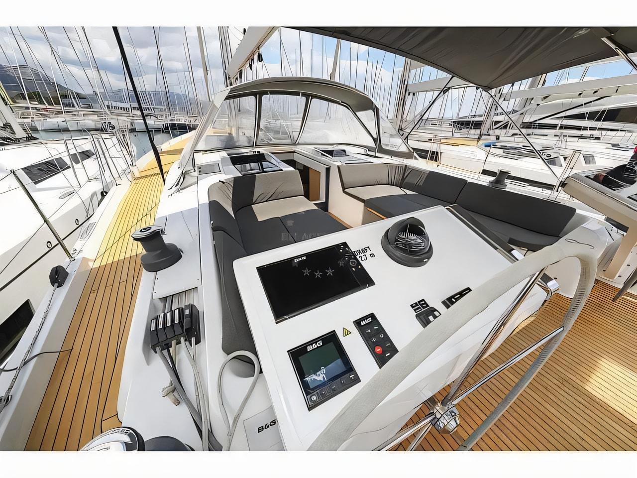 Exterior overview of Hanse 588 sail boat for charter from Rogoznica Marina Frapa in the Sibenik sailing area Croatia