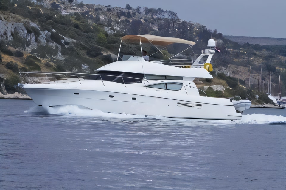 Exterior overview of Jeanneau Prestige 46 Fly motoryacht for charter from Primosten Marina Kremik in the Sibenik sailing area Croatia