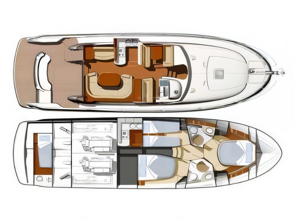 Layout of Jeanneau Prestige 46 Fly motoryacht with 4 cabins Croatia yacht charter