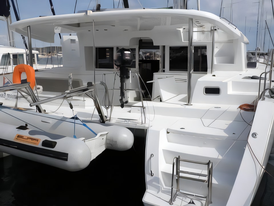 Exterior overview of Lagoon 450 catamaran for charter from Sukosan Marina Dalmacija in the Zadar sailing area Croatia