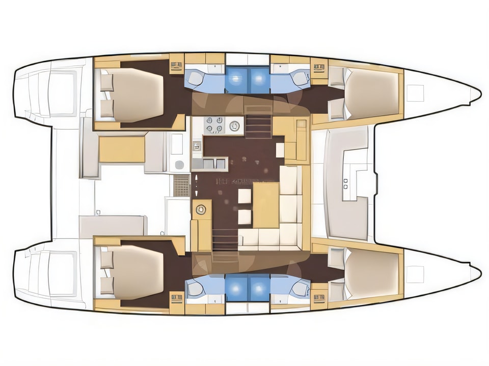Layout of Lagoon 450 catamaran with 4 cabins Croatia yacht charter