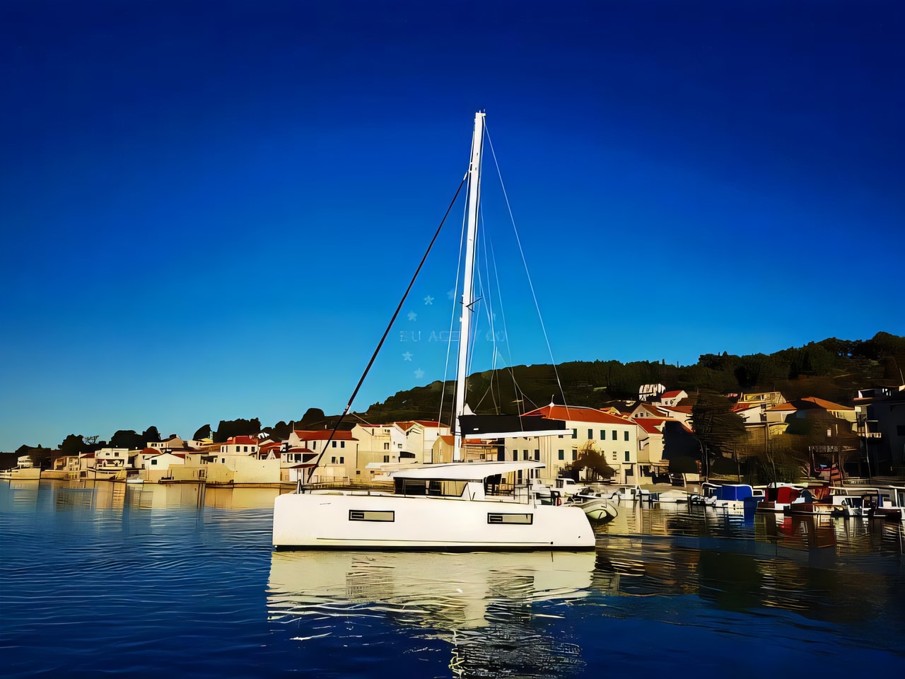 Exterior overview of Lagoon 40 catamaran for charter from Sukosan Marina Dalmacija in the Kornati sailing area Croatia